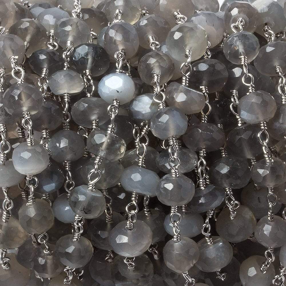 6-6.5mm Platinum Grey Moonstone rondelle Silver Chain by the foot 30 pieces - Beadsofcambay.com