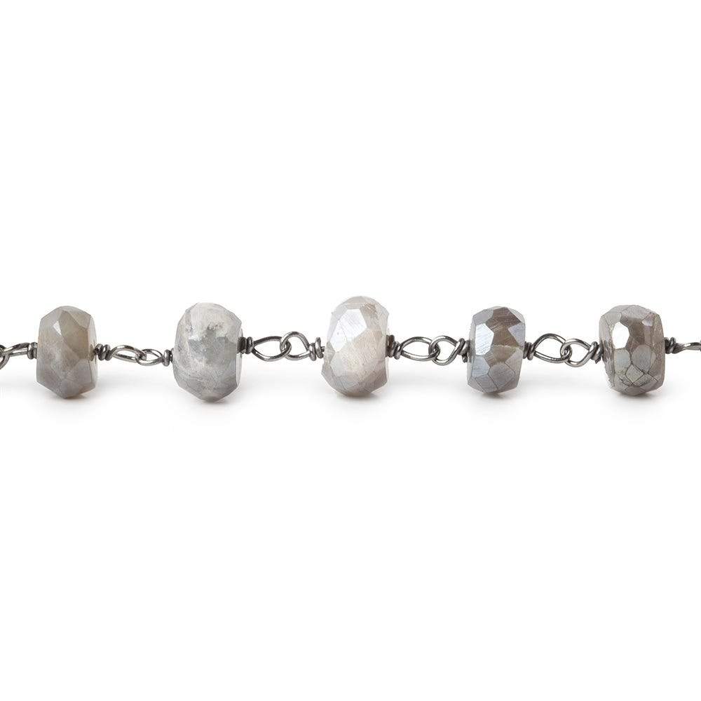 6-6.5mm Silver Mystic Grey Moonstone faceted rondelle Black Gold .925 Silver Chain by the foot 35 beads - Beadsofcambay.com