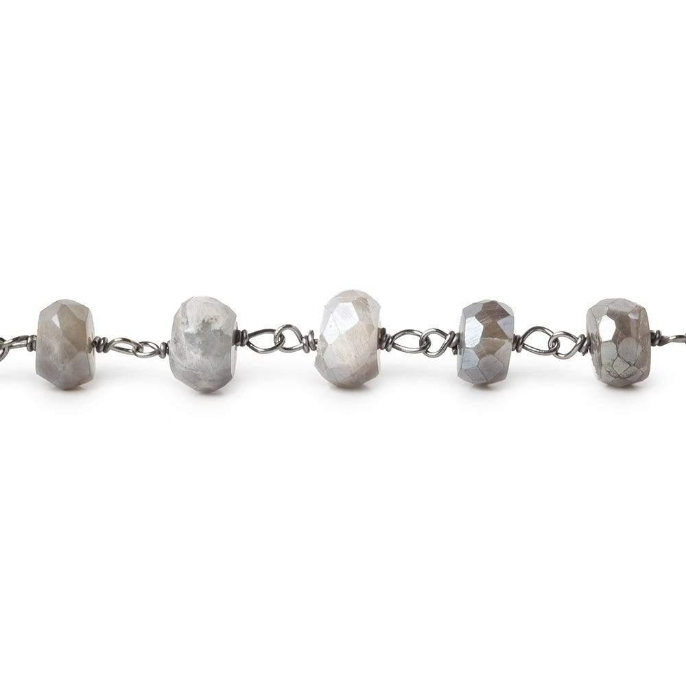 6-6.5mm Silver Mystic Grey Moonstone faceted rondelle Black Gold .925 Silver Chain by the foot 35 beads - Beadsofcambay.com