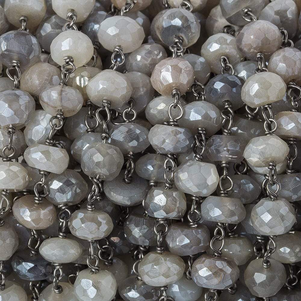 6-6.5mm Silver Mystic Grey Moonstone faceted rondelle Black Gold .925 Silver Chain by the foot 35 beads - Beadsofcambay.com