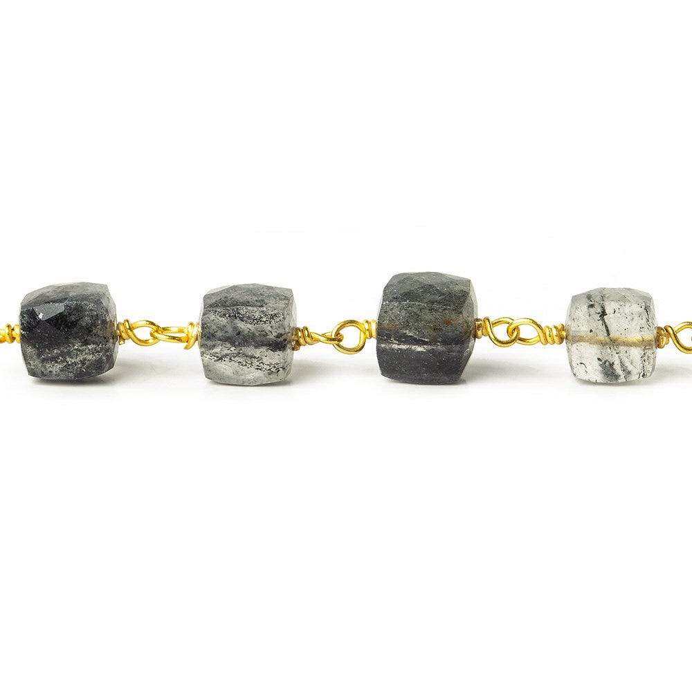 6-7.5mm Black Tourmalinated Quartz faceted cube Vermeil Chain by the foot - Beadsofcambay.com