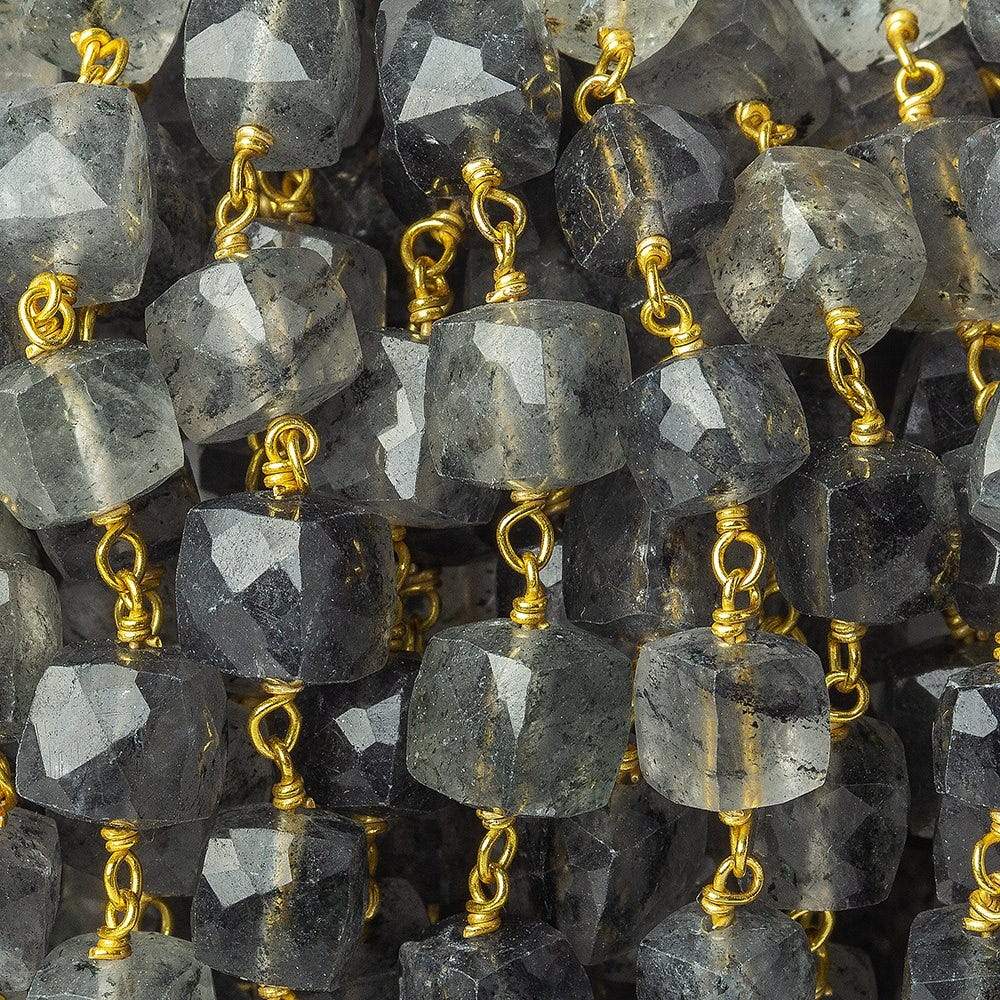 6-7.5mm Black Tourmalinated Quartz faceted cube Vermeil Chain by the foot - Beadsofcambay.com