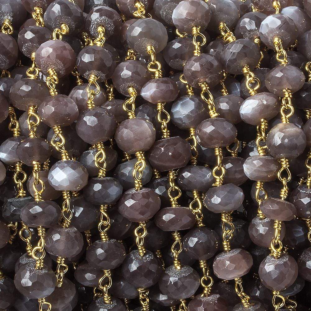 6-7mm Chocolate Moonstone rondelle Gold Chain by the foot 28 pieces - Beadsofcambay.com