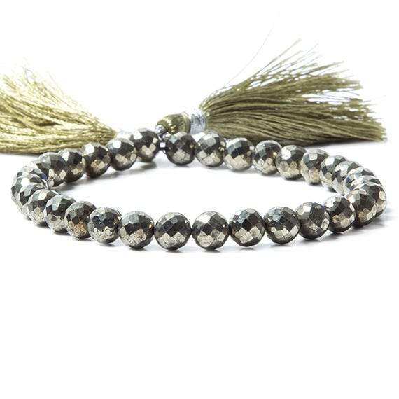 6-7mm Golden Pyrite faceted round beads 8 inches 32 beads - Beadsofcambay.com