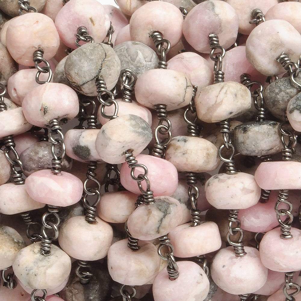 6-7mm Matte Rhodonite rondelle Black Gold over .925 Silver Chain by the foot 29 pieces - Beadsofcambay.com