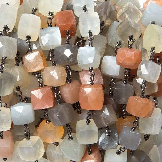 6-8mm MultiColor Moonstone cube Black Gold plated Silver Chain by the foot - Beadsofcambay.com