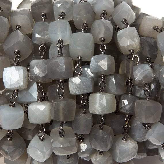 6-8mm Platinum Moonstone cube Black Gold plated Silver Chain by the foot - Beadsofcambay.com