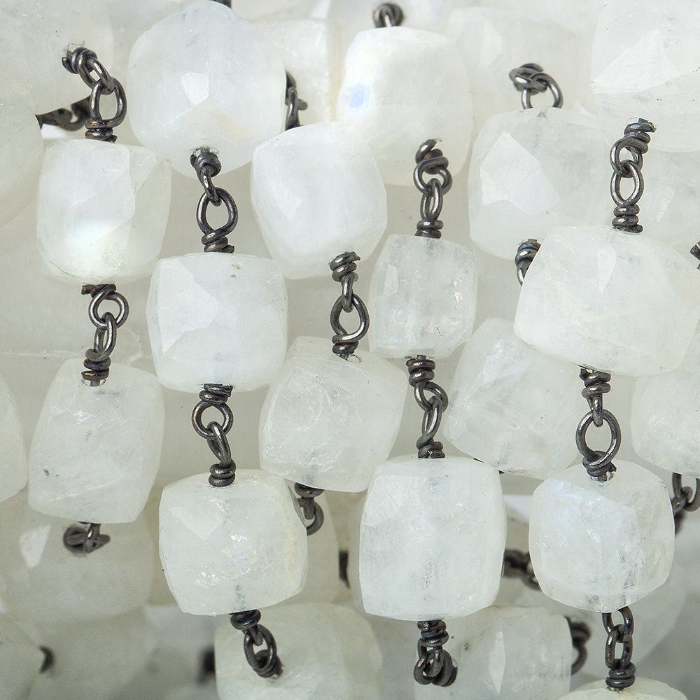 6-8mm Rainbow Moonstone cube Black Gold plated Silver Chain by the foot - Beadsofcambay.com