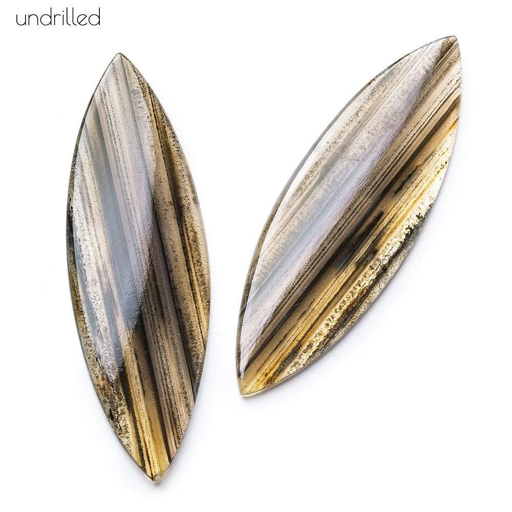 63x20x4mm Banded Brown Agate Plain Marquise Gem Quality Focal Set of 2 - Beadsofcambay.com