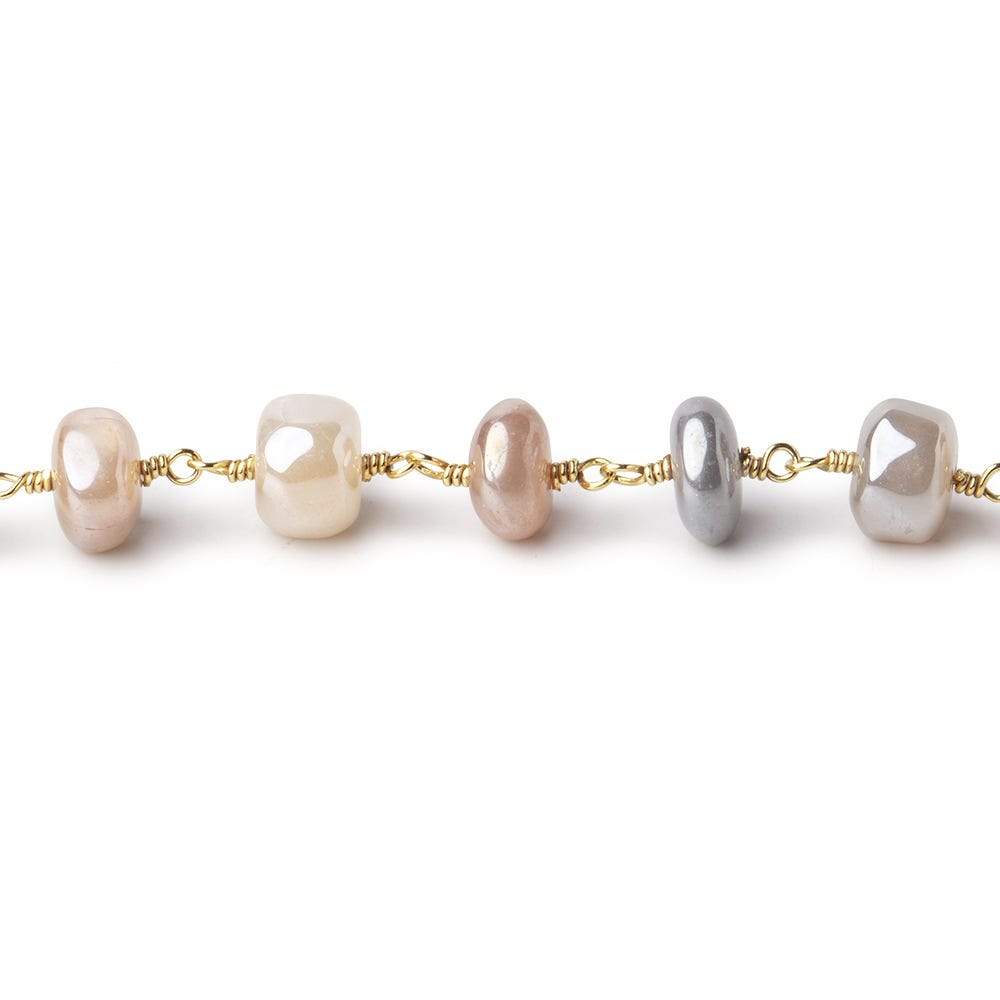 6.5-7.5mm Mystic Multi Moonstone Plain Rondelles on Gold Plated Chain by the Foot - Beadsofcambay.com