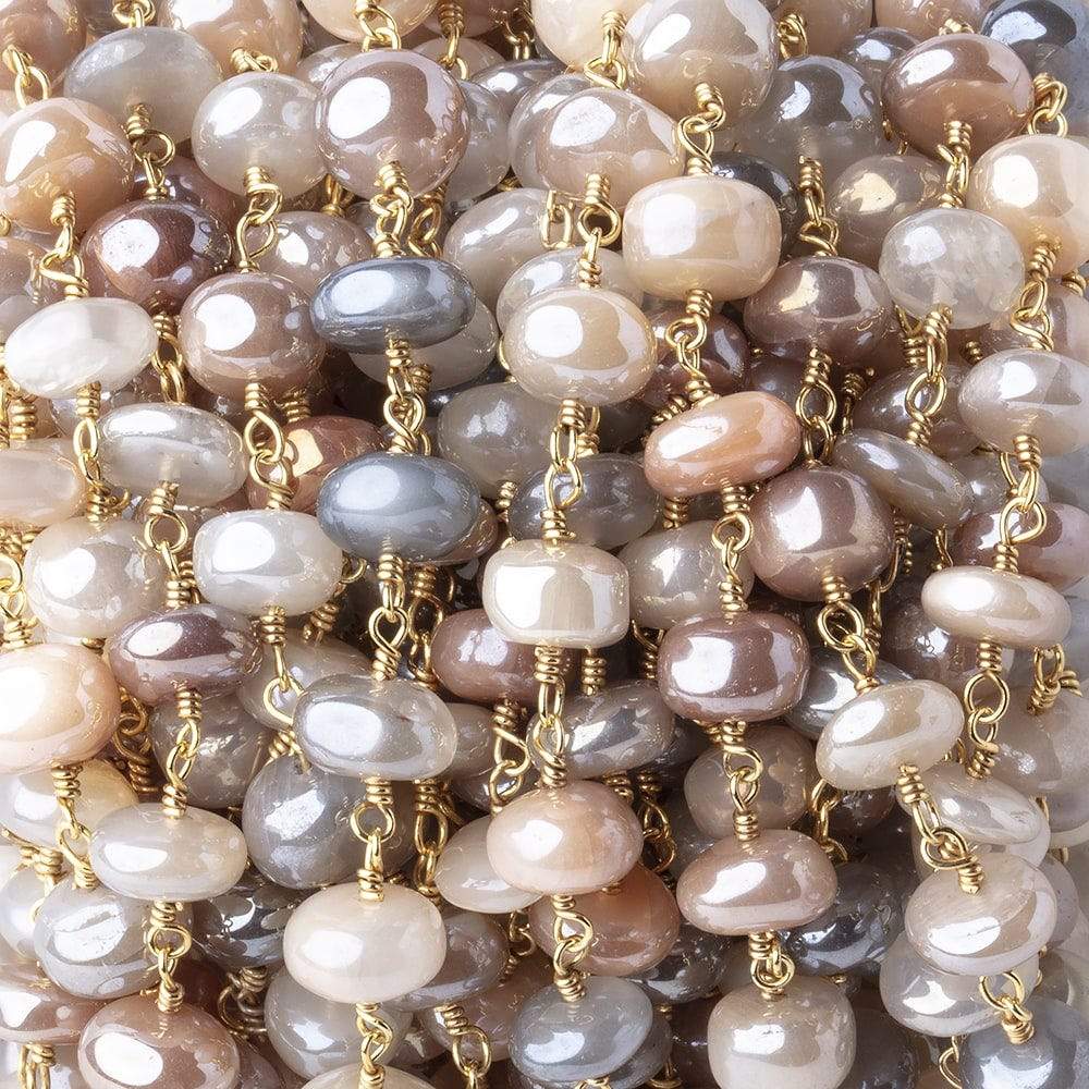 6.5-7.5mm Mystic Multi Moonstone Plain Rondelles on Gold Plated Chain by the Foot - Beadsofcambay.com