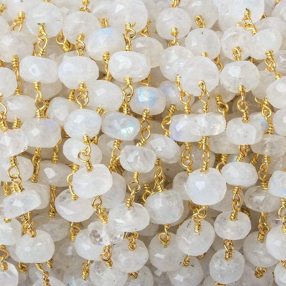 6.5-7.5mm Rainbow Moonstone faceted rondelle Gold plated Chain by the foot 28 pieces - Beadsofcambay.com