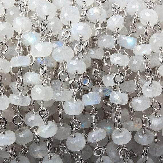 6.5-7.5mm Rainbow Moonstone rondelle Linked Silver Chain by the foot 24 beads - Beadsofcambay.com