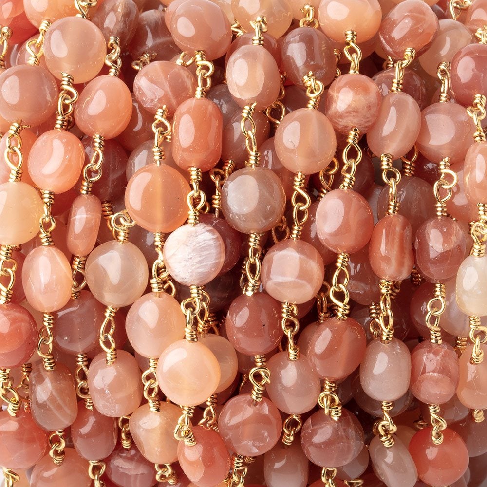 6.5-7mm Angel Skin Moonstone Plain Coins on Gold Plated Chain - Beadsofcambay.com