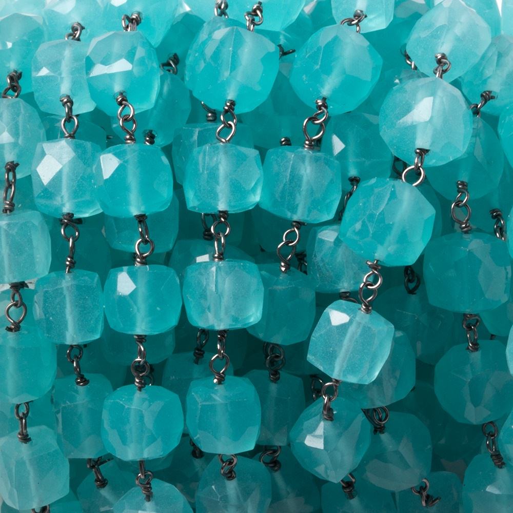 6.5-7mm Apatite-blue Chalcedony faceted cube Oxidized Silver Chain by the foot - Beadsofcambay.com