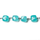 6.5-7mm Apatite-blue Chalcedony faceted cube Oxidized Silver Chain by the foot - Beadsofcambay.com