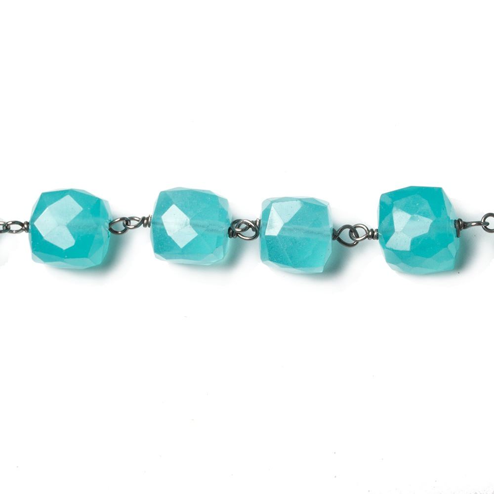 6.5-7mm Apatite-blue Chalcedony faceted cube Oxidized Silver Chain by the foot - Beadsofcambay.com