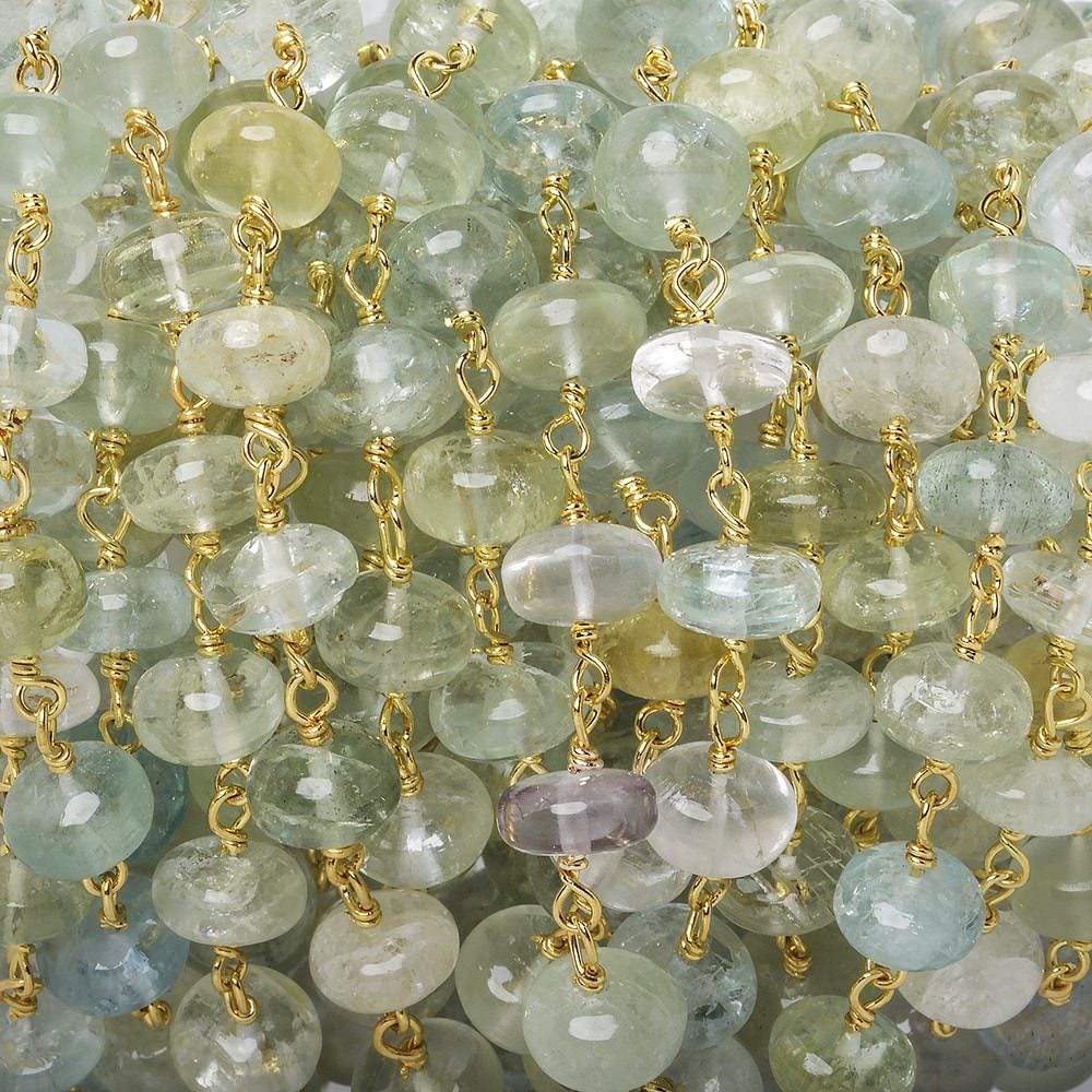 6.5-7mm Aquamarine & Beryl plain rondelle Gold Chain by the foot 33 pieces - Beadsofcambay.com