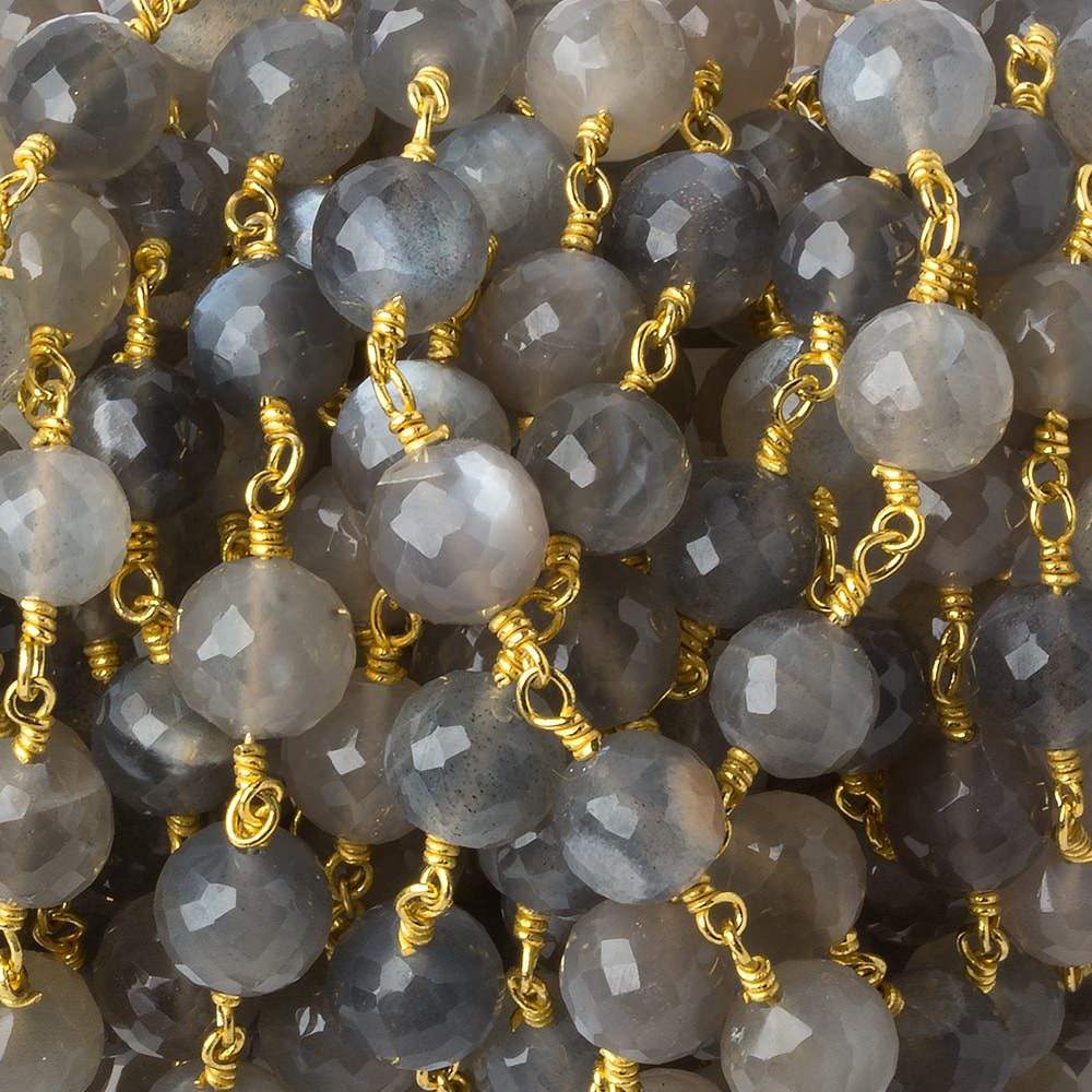 6.5-7mm Grey Moonstone faceted round Gold plated Chain by the foot 22 beads - Beadsofcambay.com