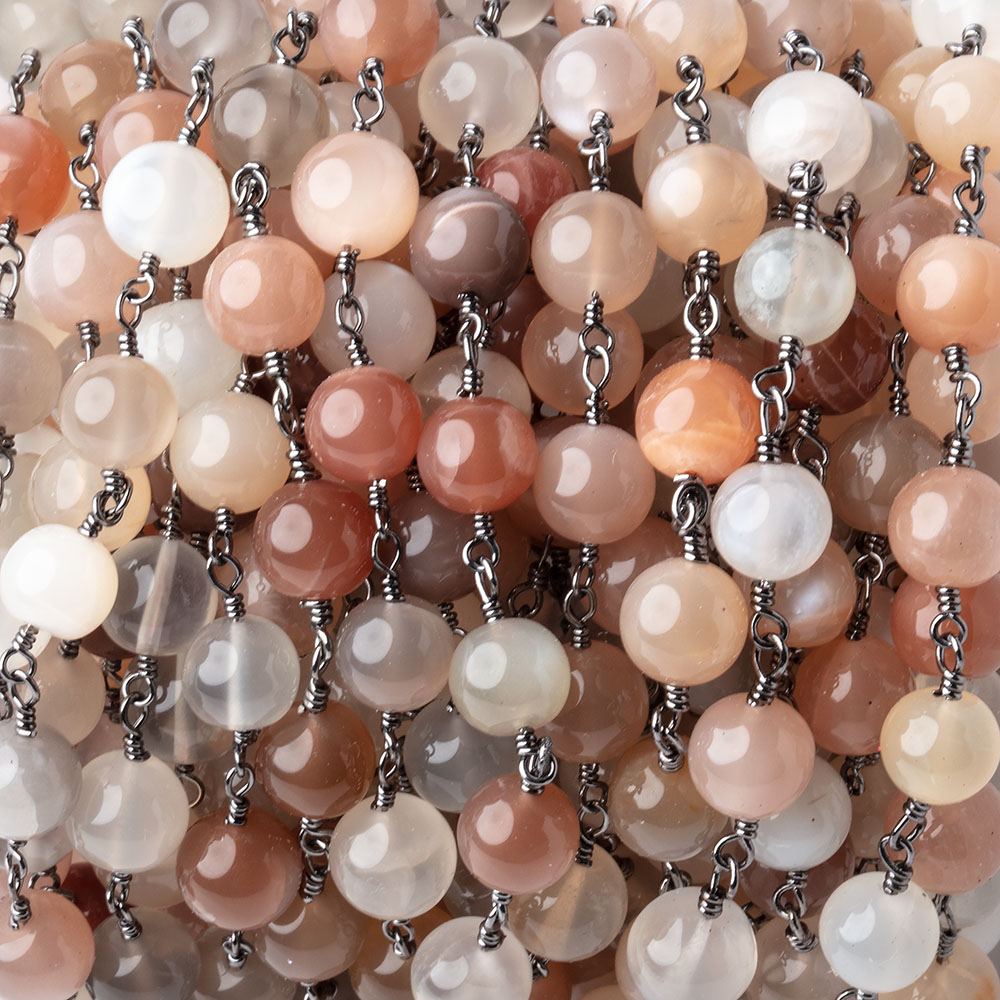6.5-7mm Multi Color Moonstone Plain Rounds on Black Gold Plated Chain - Beadsofcambay.com
