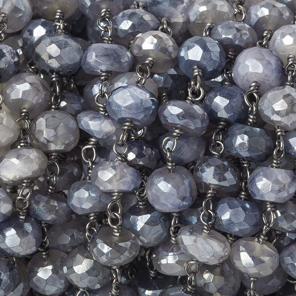 6.5-7mm Silver Mystic Platinum Moonstone faceted rondelle Black Gold .925 Silver Chain by the foot 32 beads - Beadsofcambay.com