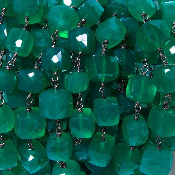 6.5-8mm True Green Onyx cube Black Gold over Silver Chain by the foot - Beadsofcambay.com