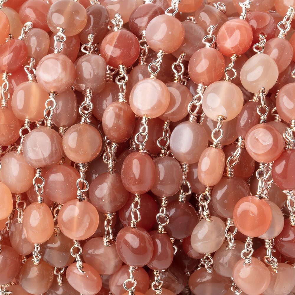 6.5mm Angel Skin Moonstone Plain Coins on Silver Plated Chain - Beadsofcambay.com