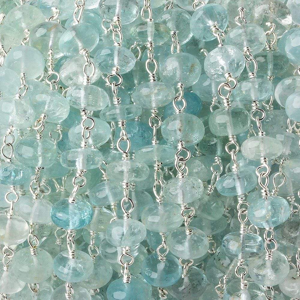 6.5mm Aquamarine plain rondelles Silver plated Chain by the foot 30 pcs - Beadsofcambay.com