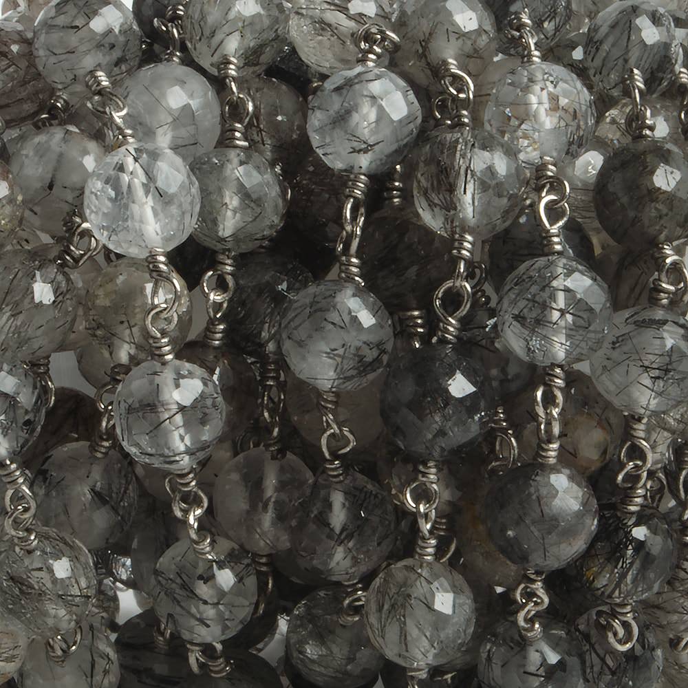 6.5mm Black Tourmalinated Quartz faceted round Black Gold .925 Silver Chain by the foot 24 pieces - Beadsofcambay.com
