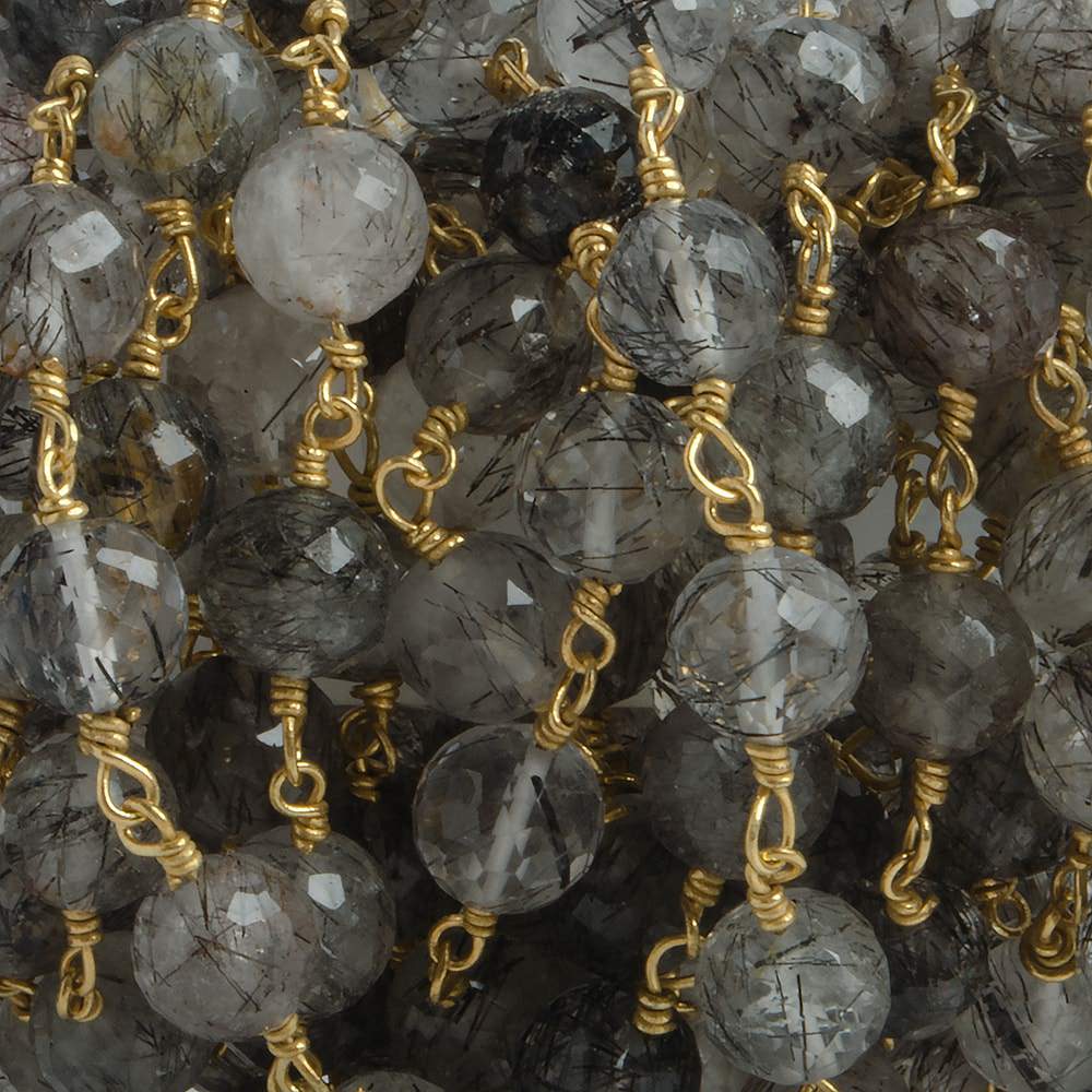 6.5mm Black Tourmalinated Quartz faceted round Vermeil Chain by the foot 24 pieces - Beadsofcambay.com
