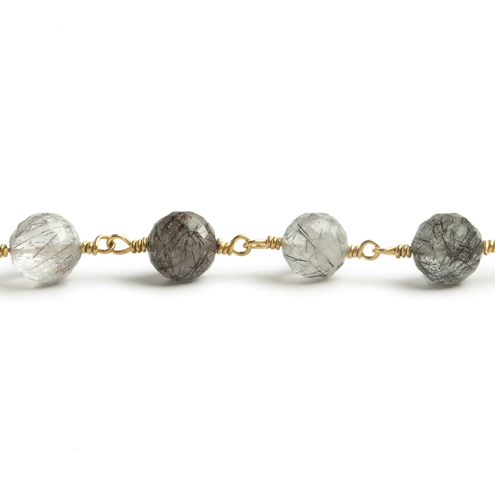 6.5mm Black Tourmalinated Quartz faceted round Vermeil Chain by the foot 24 pieces - Beadsofcambay.com