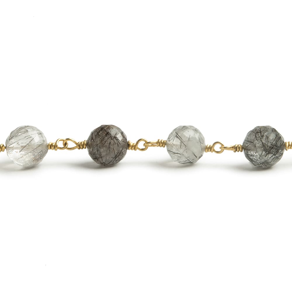 6.5mm Black Tourmalinated Quartz faceted round Vermeil Chain by the foot 24 pieces - Beadsofcambay.com