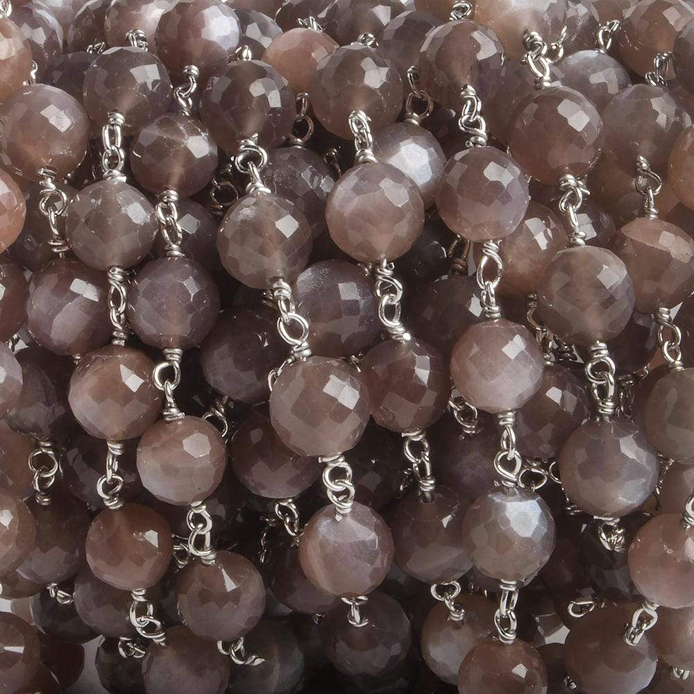 6.5mm Chocolate Moonstone faceted round .925 Silver Chain by the foot 24 pieces - Beadsofcambay.com
