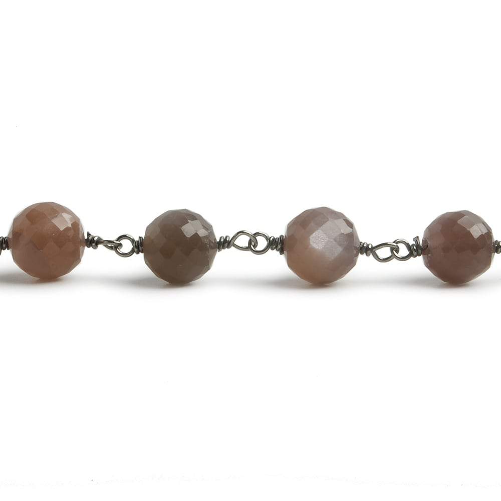 6.5mm Chocolate Moonstone faceted round Black Gold .925 Silver Chain by the foot 24 pieces - Beadsofcambay.com
