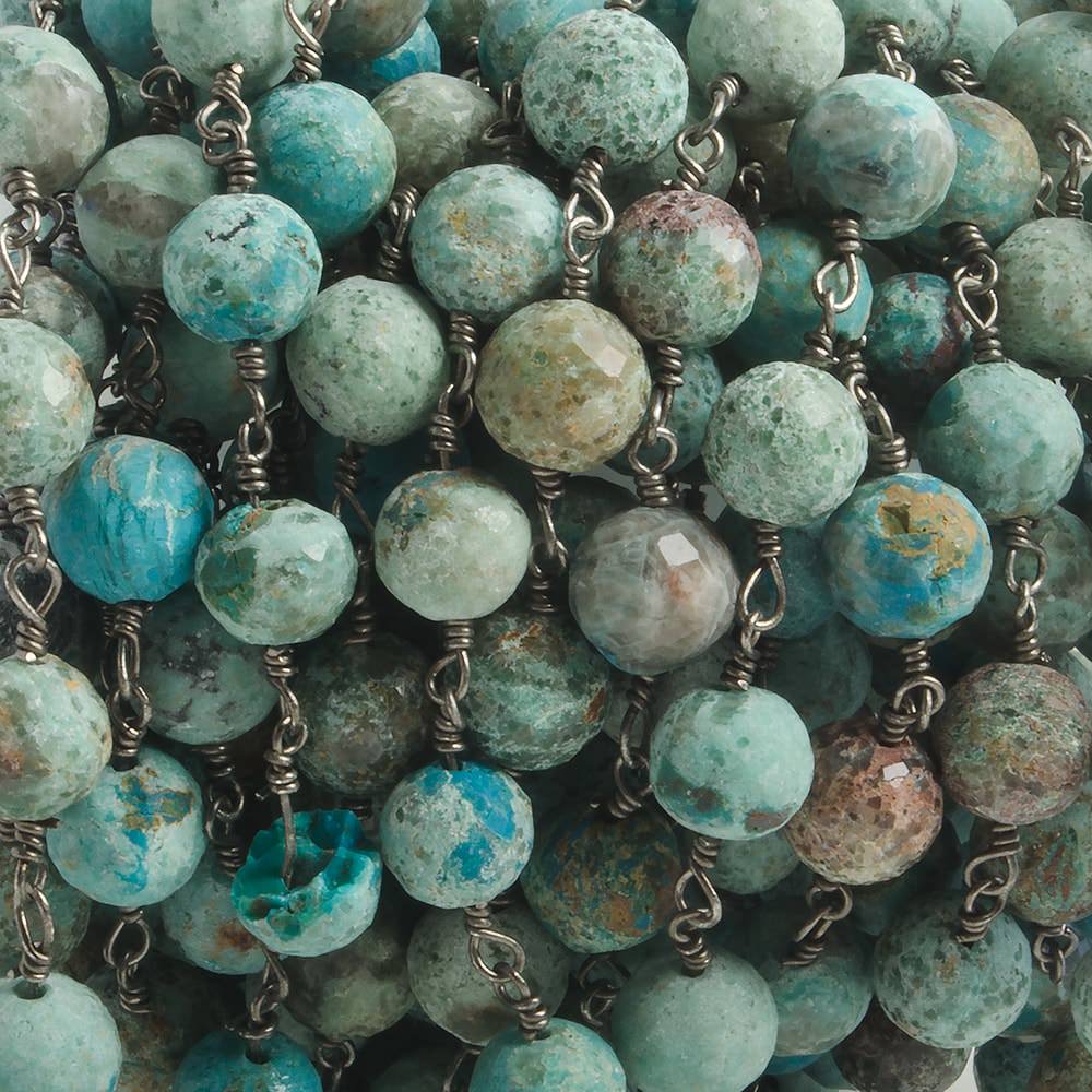 6.5mm Chrysocolla faceted round Black Gold .925 Silver Chain by the foot 24 pieces - Beadsofcambay.com