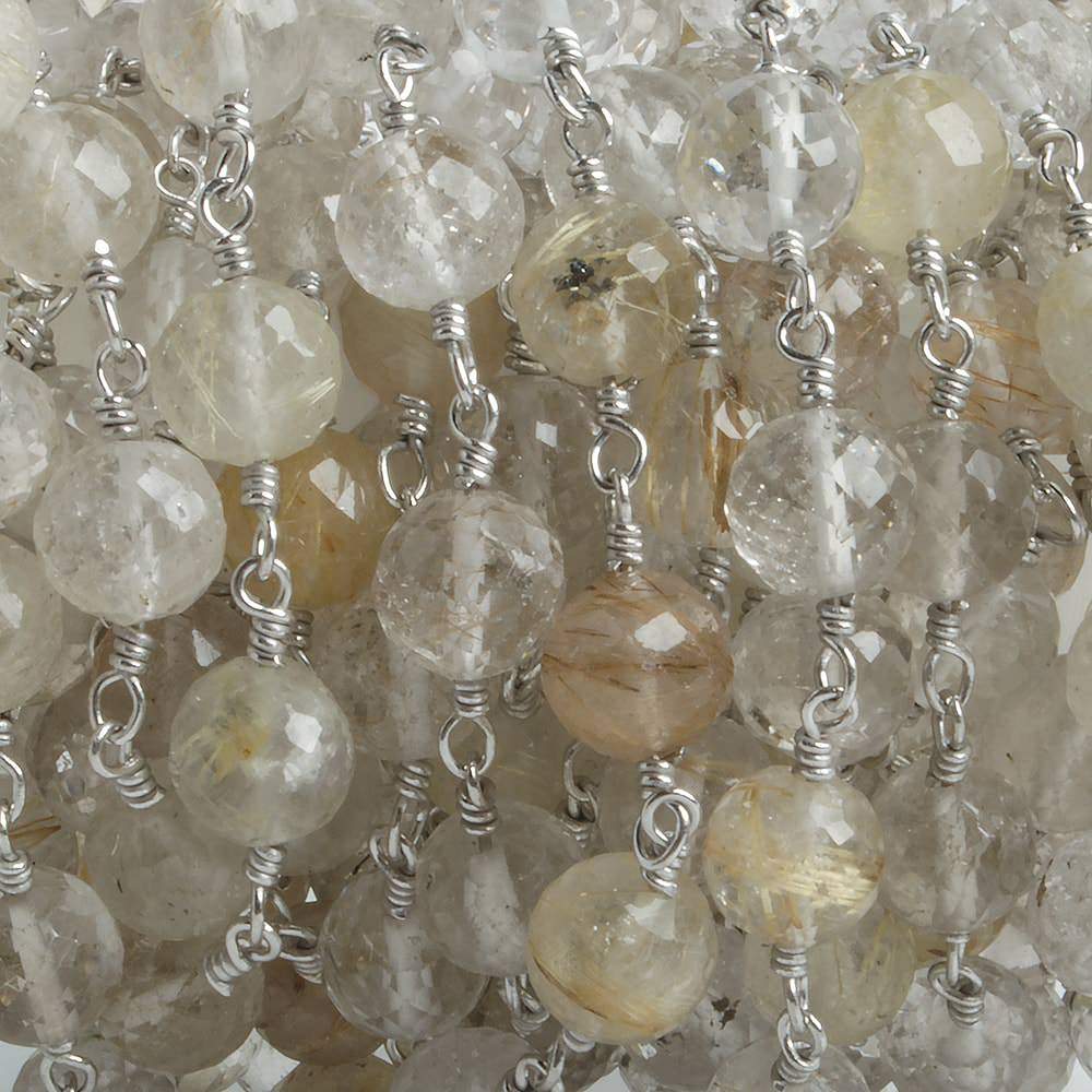 6.5mm Golden Rutilated Quartz faceted round .925 Silver Chain by the foot 24 pieces - Beadsofcambay.com
