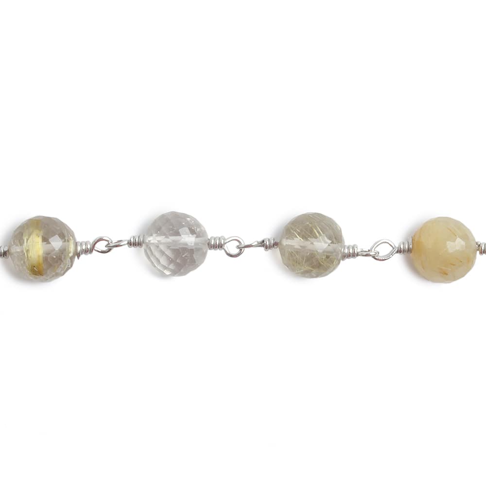 6.5mm Golden Rutilated Quartz faceted round .925 Silver Chain by the foot 24 pieces - Beadsofcambay.com