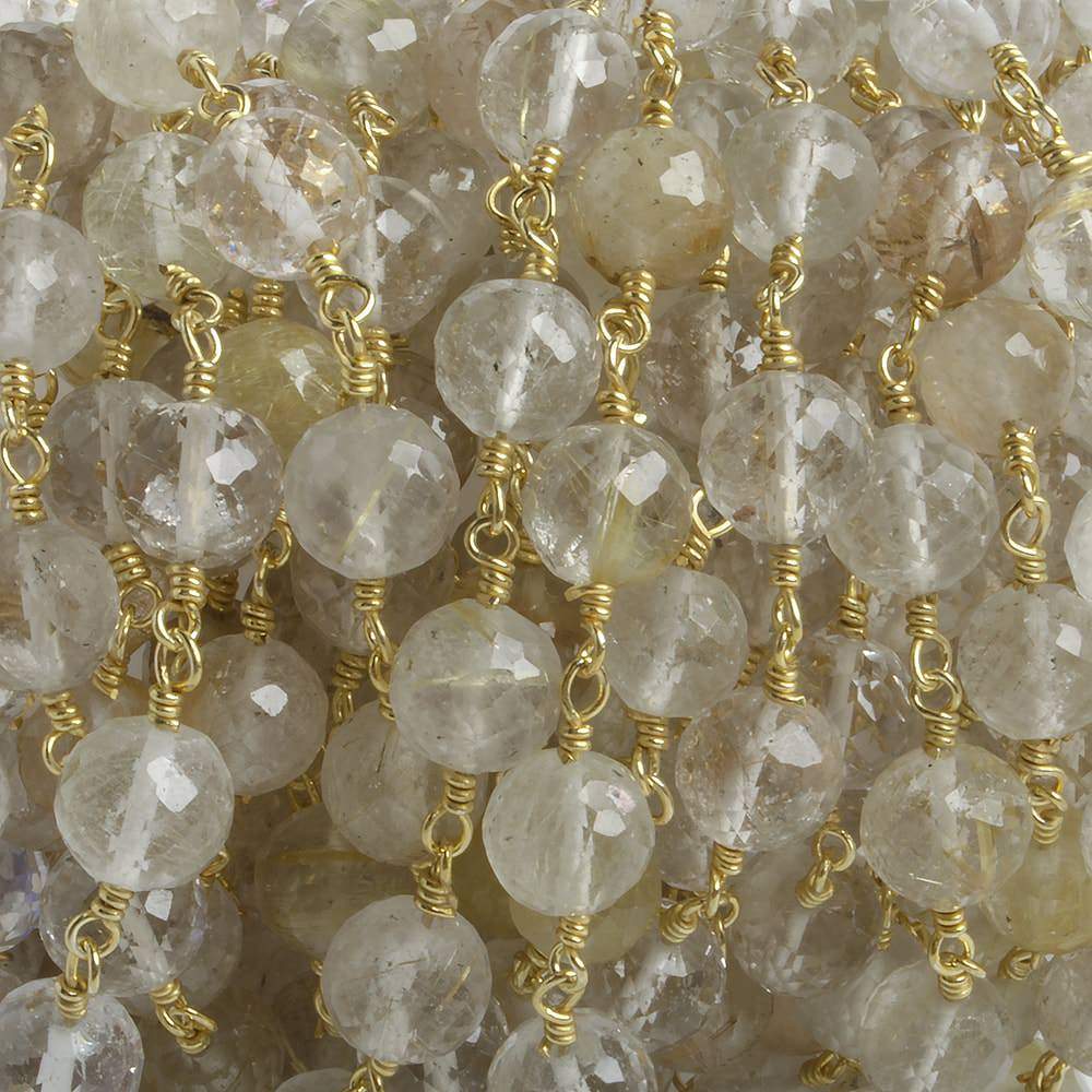 6.5mm Golden Rutilated Quartz faceted round Vermeil Chain by the foot 24 pieces - Beadsofcambay.com