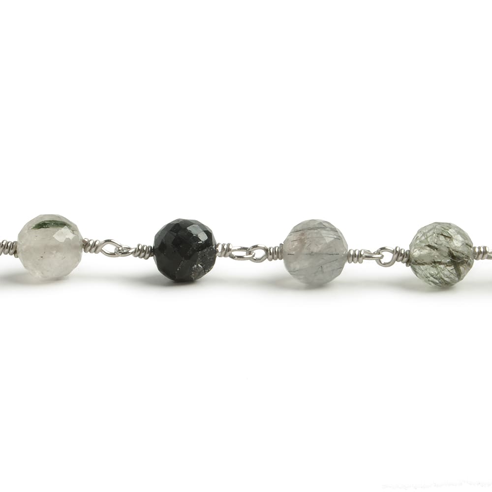 6.5mm Green Tourmalinated Quartz faceted round .925 Silver Chain by the foot 24 pieces - Beadsofcambay.com