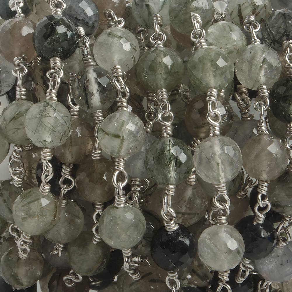 6.5mm Green Tourmalinated Quartz faceted round .925 Silver Chain by the foot 24 pieces - Beadsofcambay.com