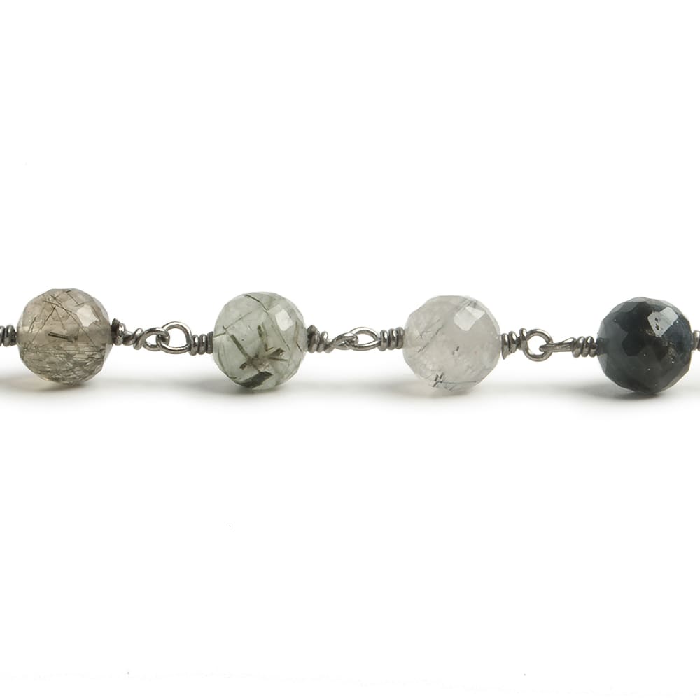 6.5mm Green Tourmalinated Quartz faceted round Black Gold .925 Silver Chain by the foot 24 pieces - Beadsofcambay.com