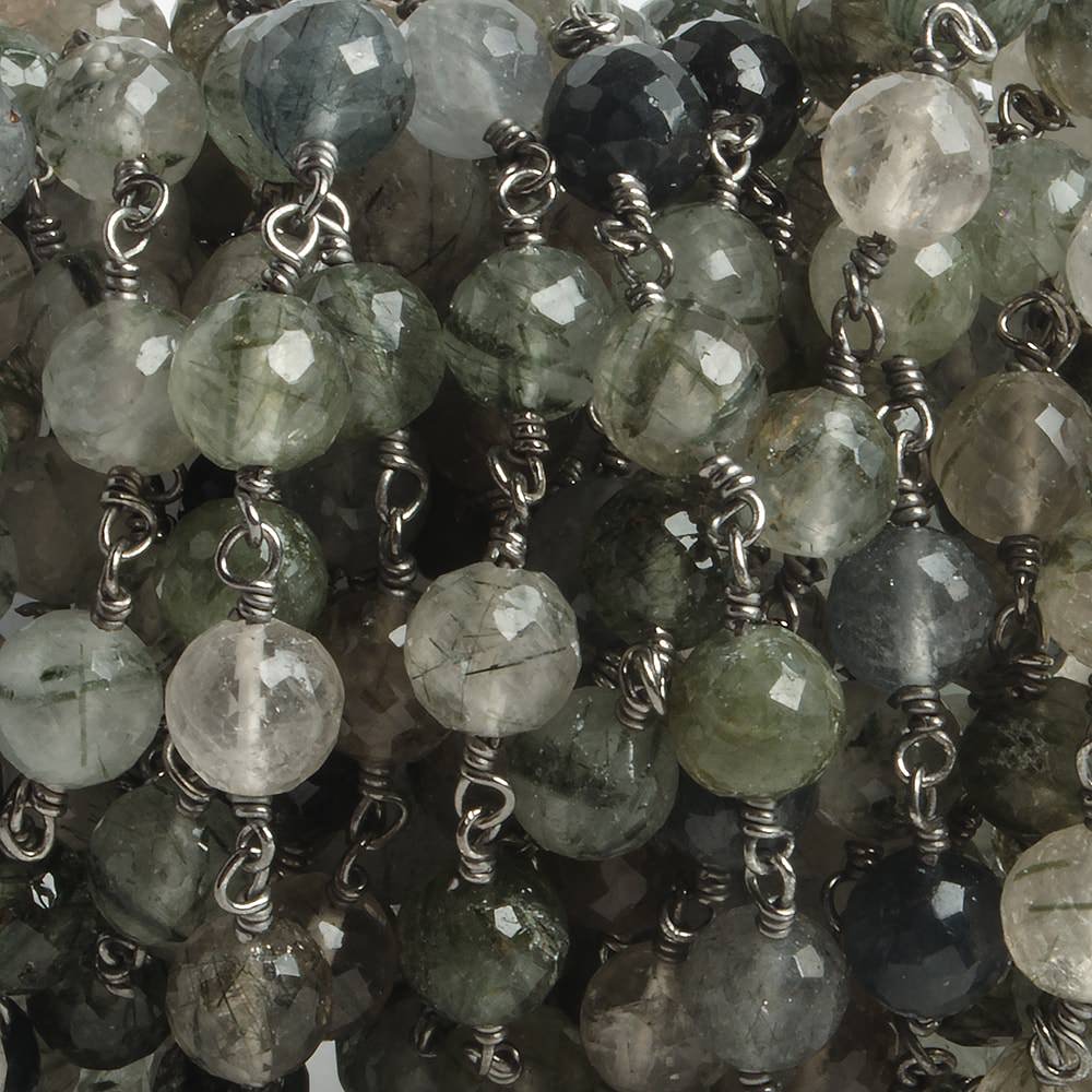 6.5mm Green Tourmalinated Quartz faceted round Black Gold .925 Silver Chain by the foot 24 pieces - Beadsofcambay.com