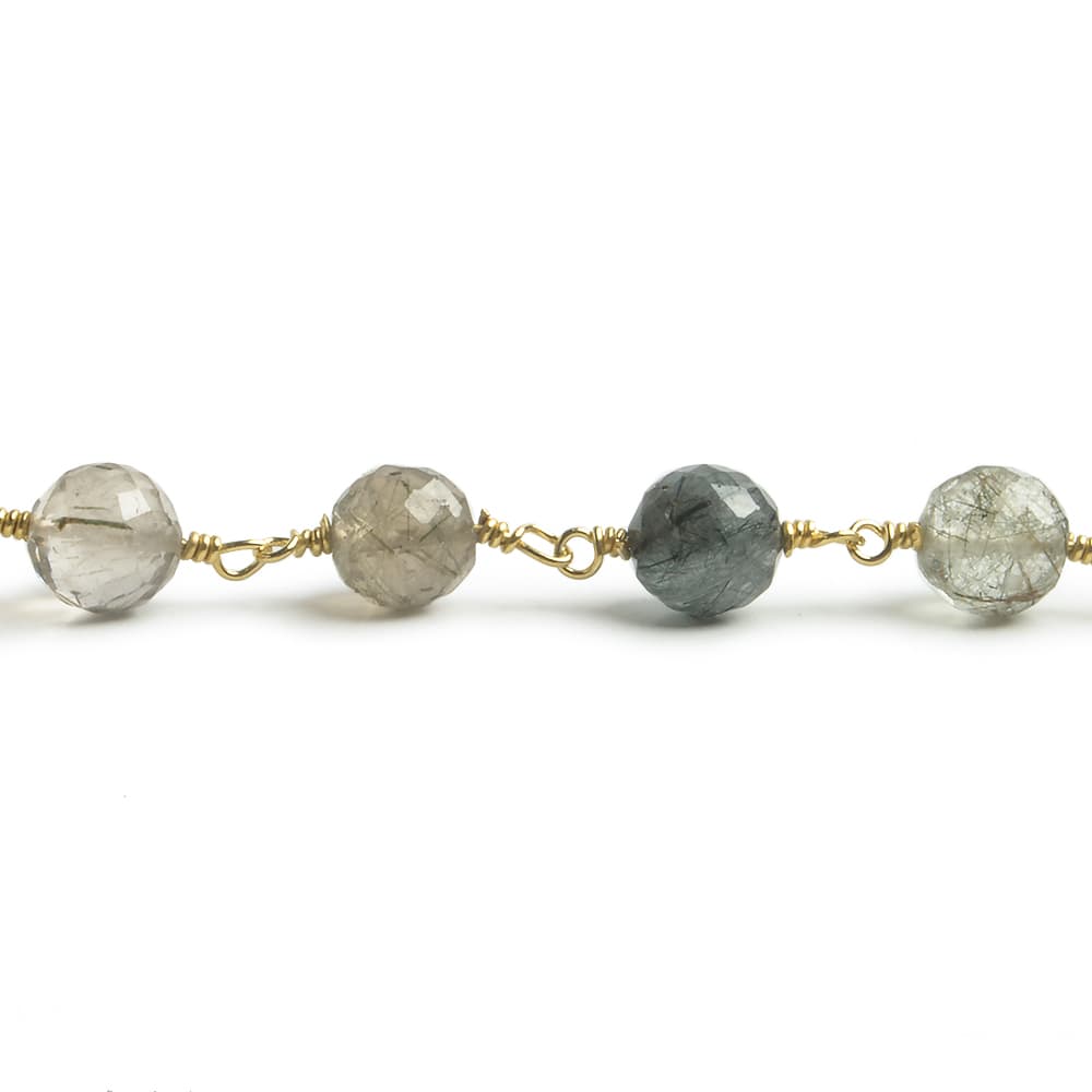 6.5mm Green Tourmalinated Quartz faceted round Vermeil Chain by the foot 24 pieces - Beadsofcambay.com