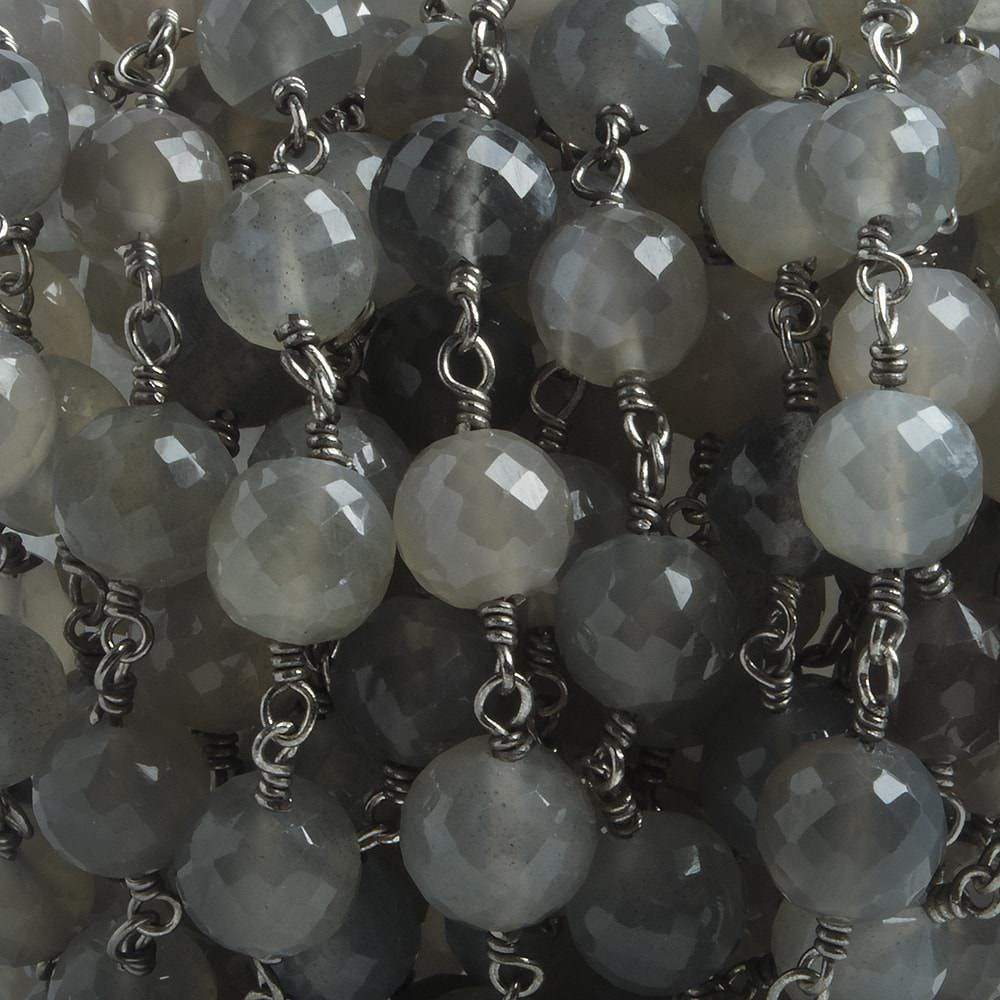 6.5mm Grey Moonstone faceted round Black Gold .925 Silver Chain by the foot 24 pieces - Beadsofcambay.com