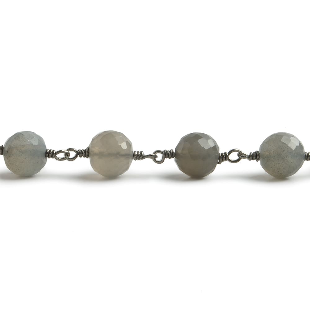 6.5mm Grey Moonstone faceted round Black Gold .925 Silver Chain by the foot 24 pieces - Beadsofcambay.com