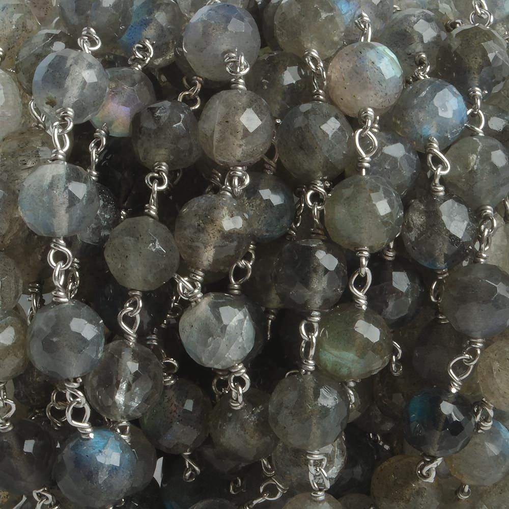 6.5mm Labradorite faceted round .925 Silver Chain by the foot 24 pieces - Beadsofcambay.com