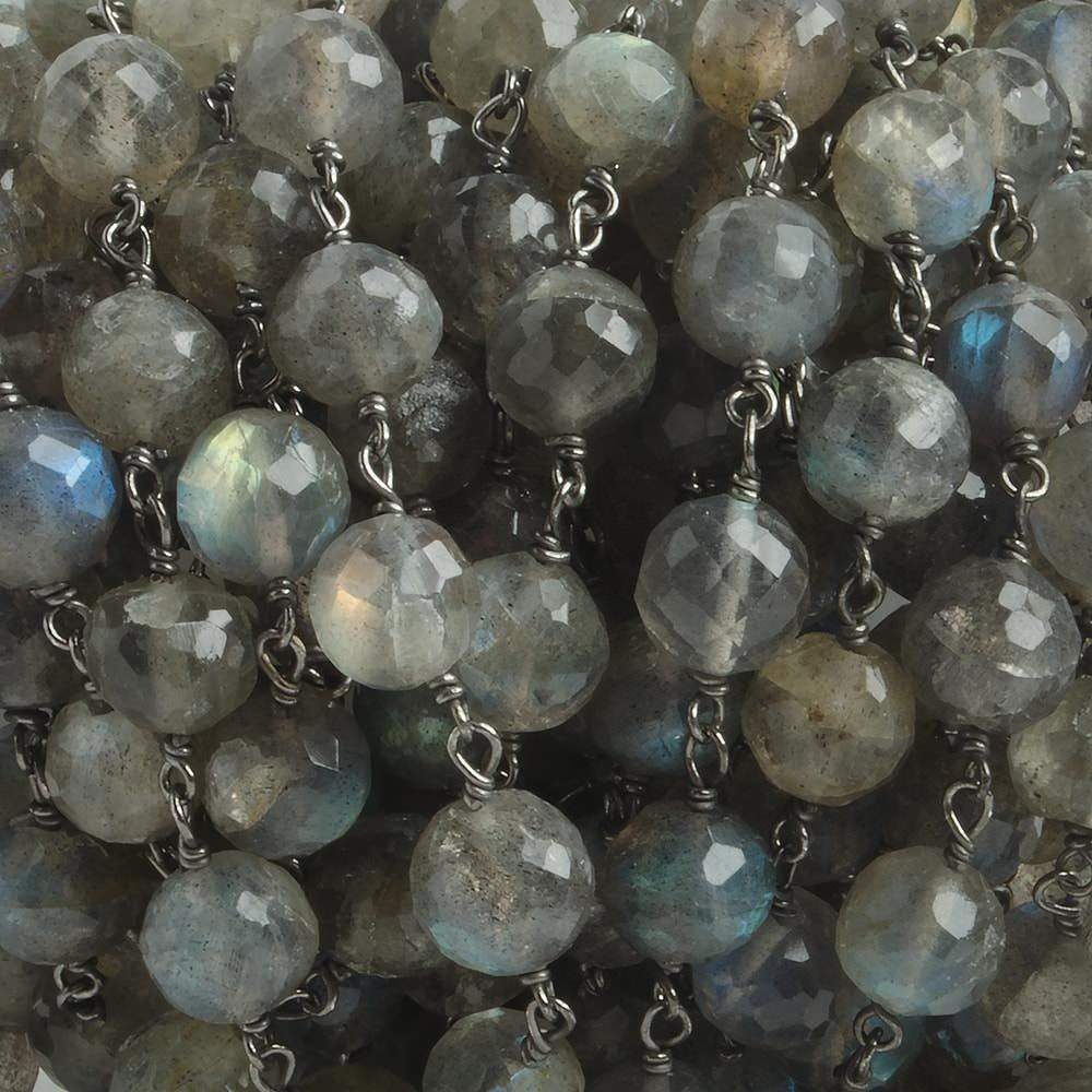 6.5mm Labradorite faceted round Black Gold .925 Silver Chain by the foot 24 pieces - Beadsofcambay.com