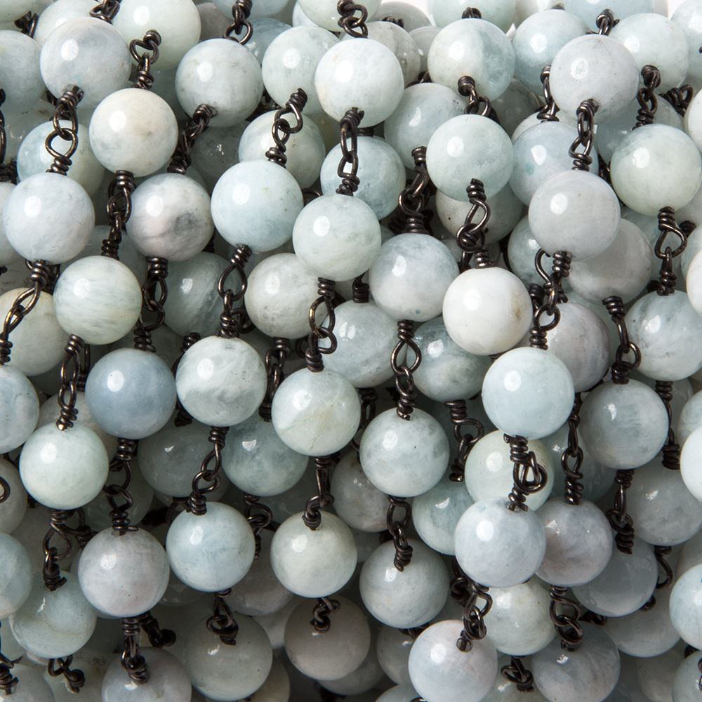 6.5mm Milky Aquamarine plain round Black Gold plated Chain 24 pieces - Beadsofcambay.com