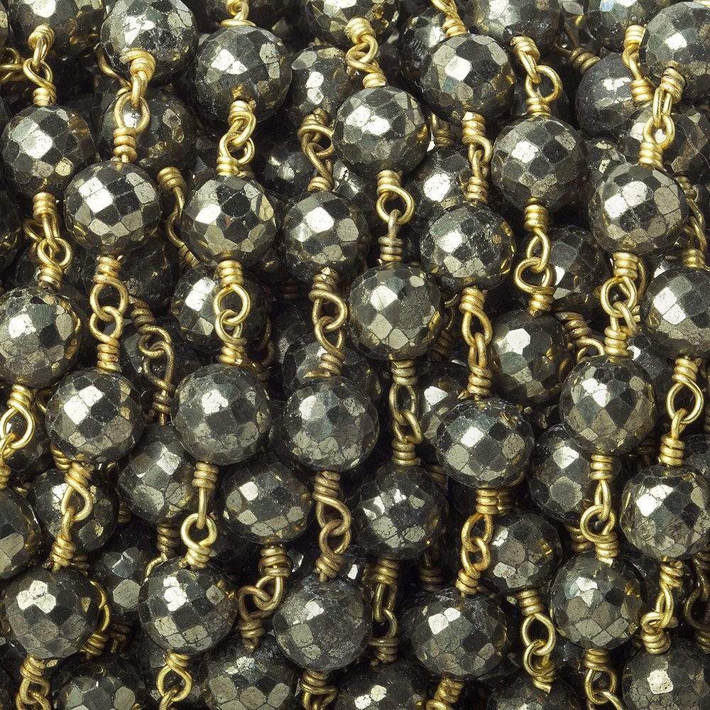 6.5mm Pyrite faceted round Gold plated Chain by the foot 23 beads - Beadsofcambay.com