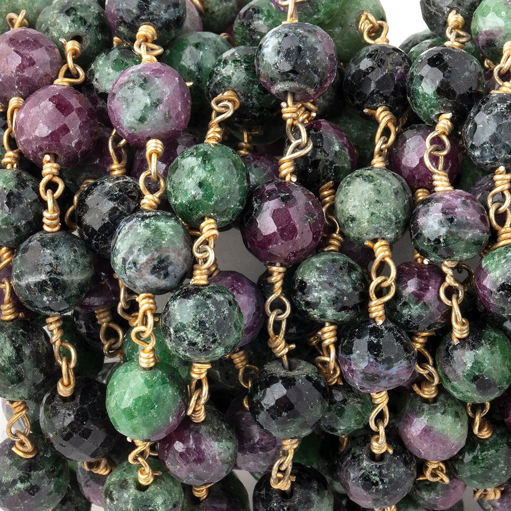 6.5mm Ruby in Zoisite faceted round beads on Vermeil Chain - Beadsofcambay.com